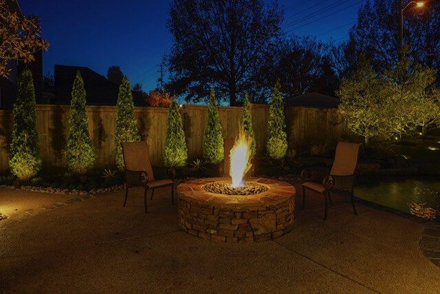 Casello fire pit with outdoor landscape  zoned lighting 