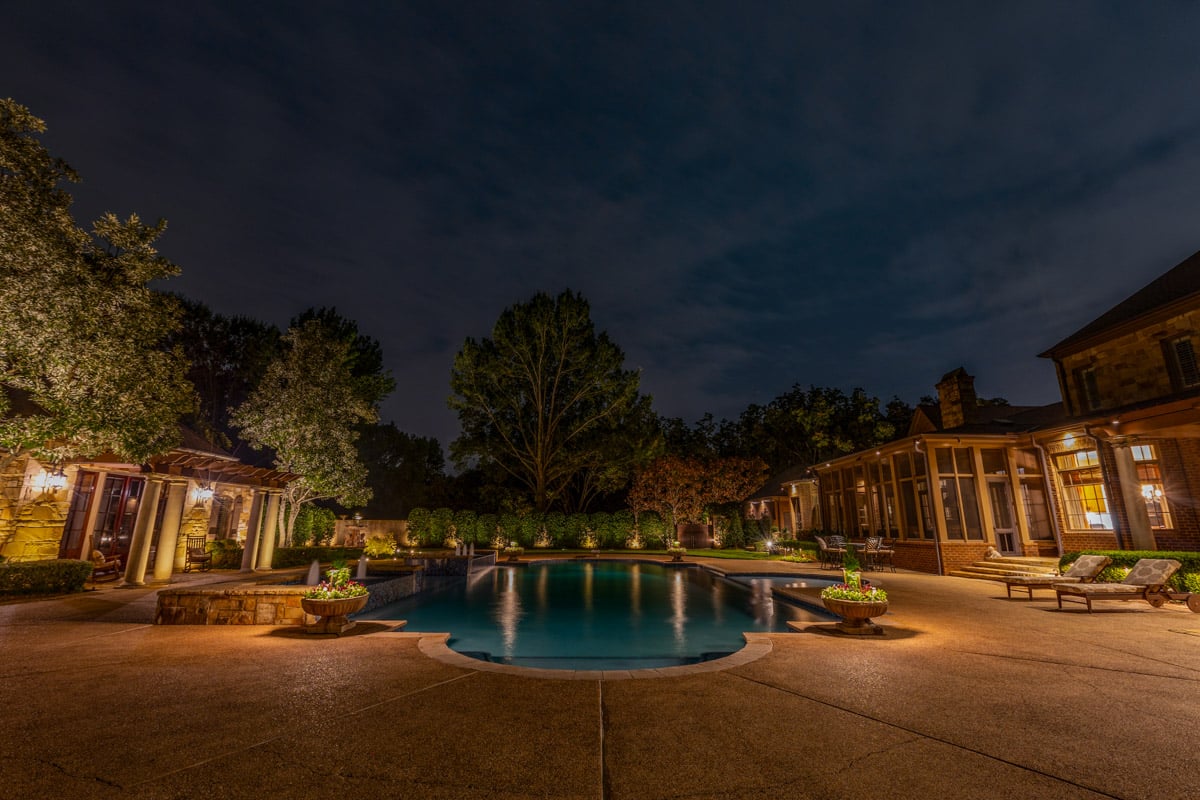 Residential landscape pool lighting back of house 1