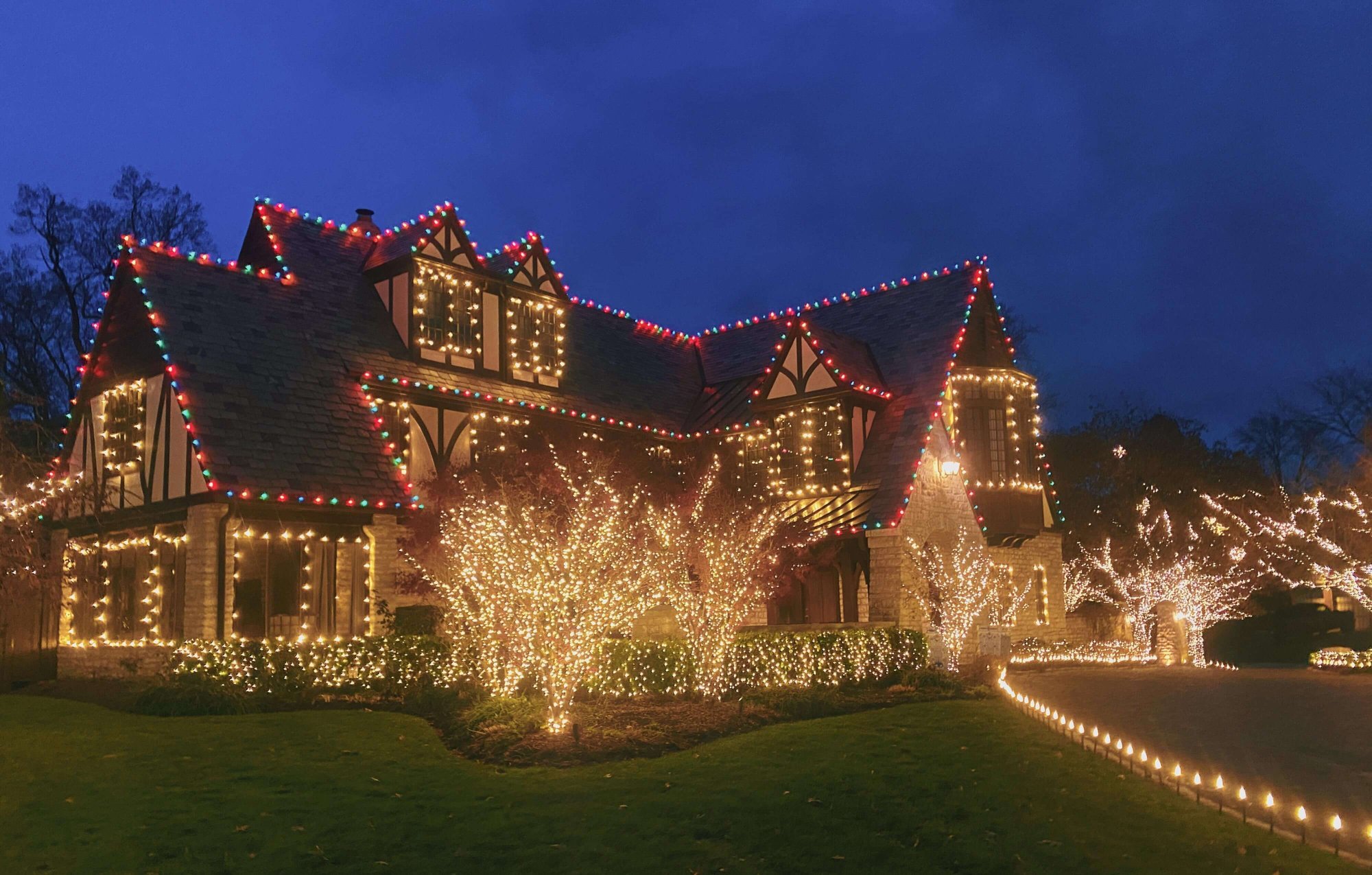 home with outdoor holiday lighting