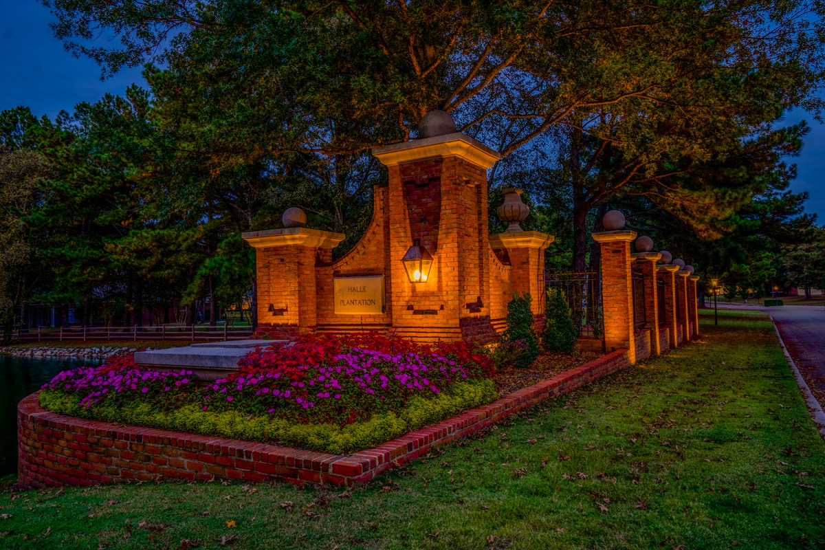 Commercial landscape lighting neighborhood entrance flowers